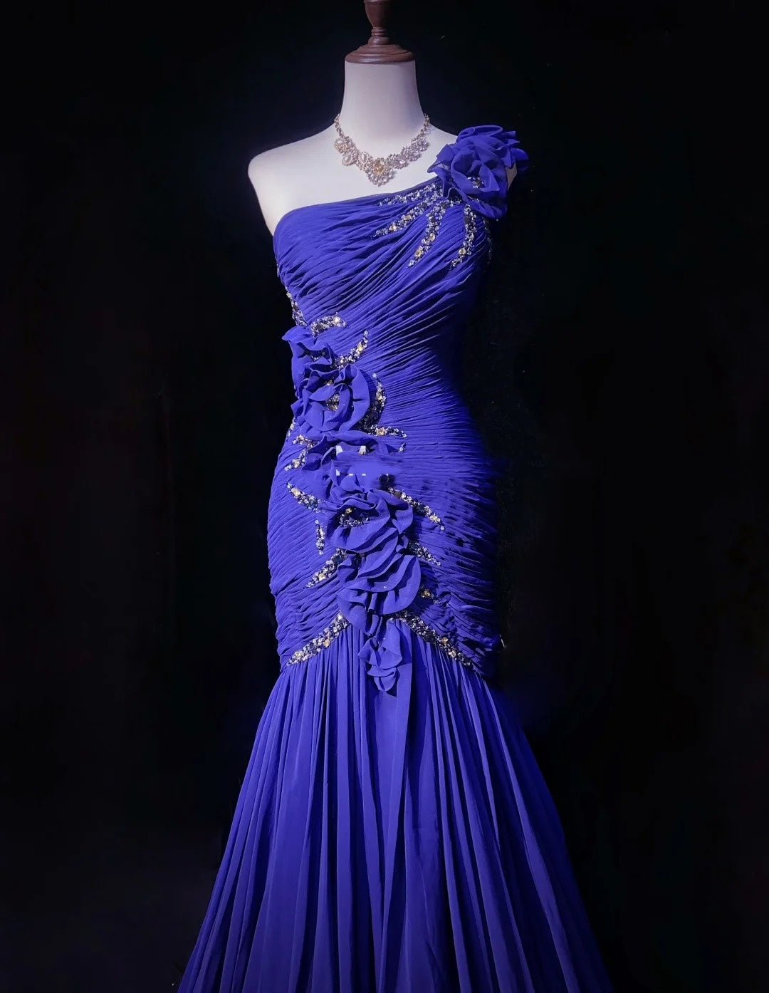 Vintage Prom Dresses Mermaid One Shoulder Royal Blue Chiffon With Beading 3D Flowers Long Formal Dress N2458