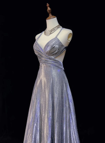 Vintage Prom Dresses 1960s A Line Spaghetti Strap Lilac Backless Sequined With Ruffled Long Prom Gown N3113