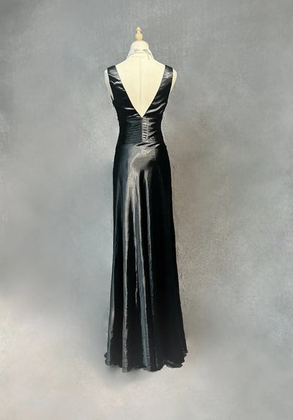 Modest Prom Dresses Mermaid Halter Black Satin With Ruffled Long Evening Outfits N3466