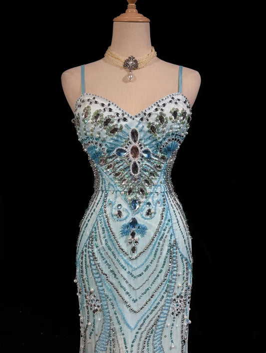 Vintage Y2K Mermaid 2000s Blue Pink Ombre Gown Gradient Colors Spaghetti Strap Formal Dress Prom Dresses N2441
