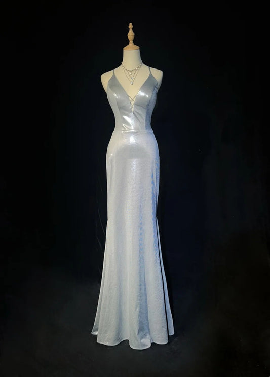 Vintage Prom Dresses Inspo Mermaid Spaghetti Strap Silver Backless 80s Long Formal Gown N2741