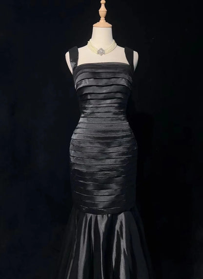 Vintage Prom Dresses Mermaid Square Neck Black Satin With Pleated 1950s Long Formal Gown N2599