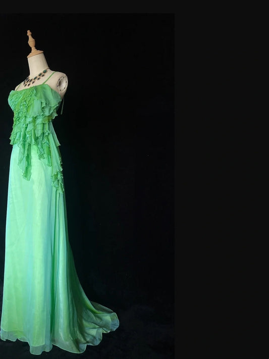 Beautiful Prom Dresses A Line Spaghetti Strap Green Chiffon With Ruffle Long Evening Outfits N3331
