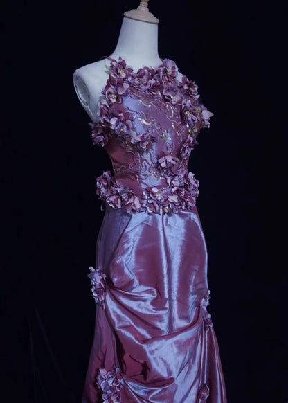 Grape Prom Dress Inspo Mermaid Halter Satin With Appliques Long Formal Party Gown RC0096