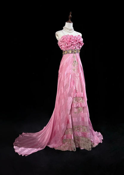 Vintage Prom Dresses Spaghetti Strap Mermaid Pink With Gold Lace Long Formal Evening Outfits N3862