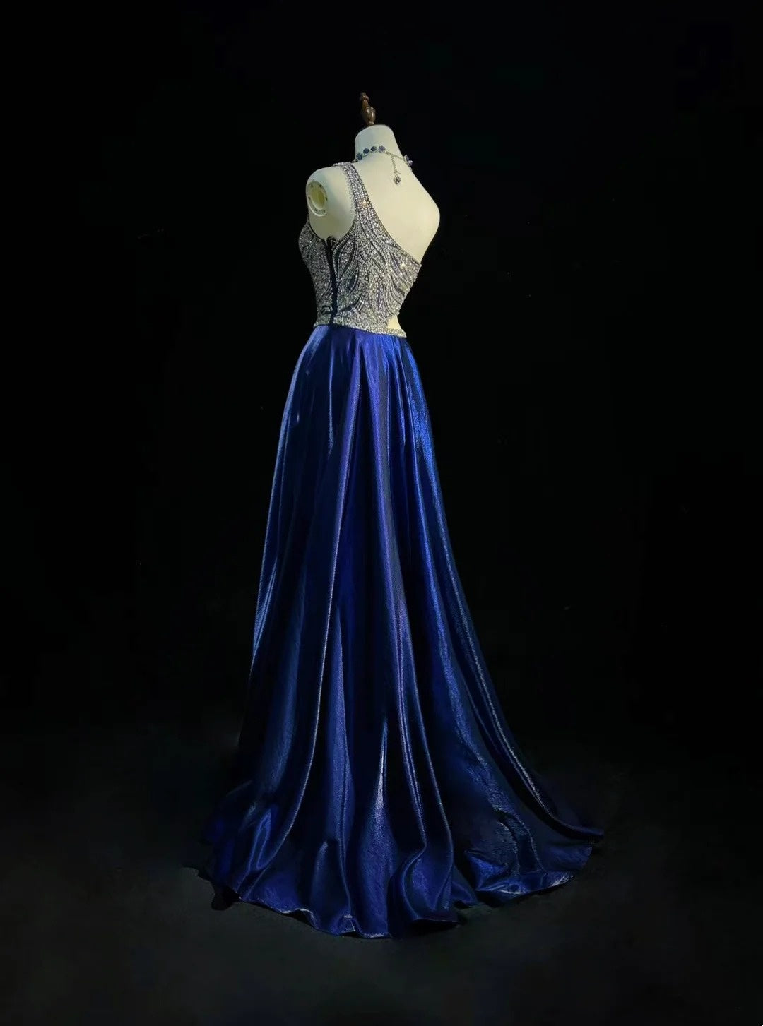 Simple Prom Dresses A line One Shoulder Royal Blue Floor Length Beaded Formal Evening Dress N3688