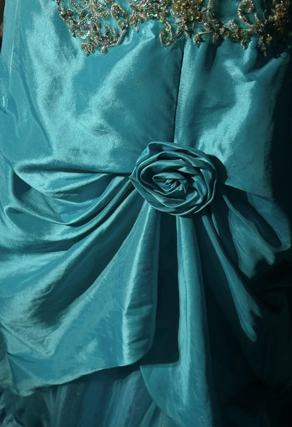Vintage Prom Dresses Aesthetic 80s Retro Ball Gown Spaghetti Strap Blue Taffeta Floor Length Evening Outfits N2329