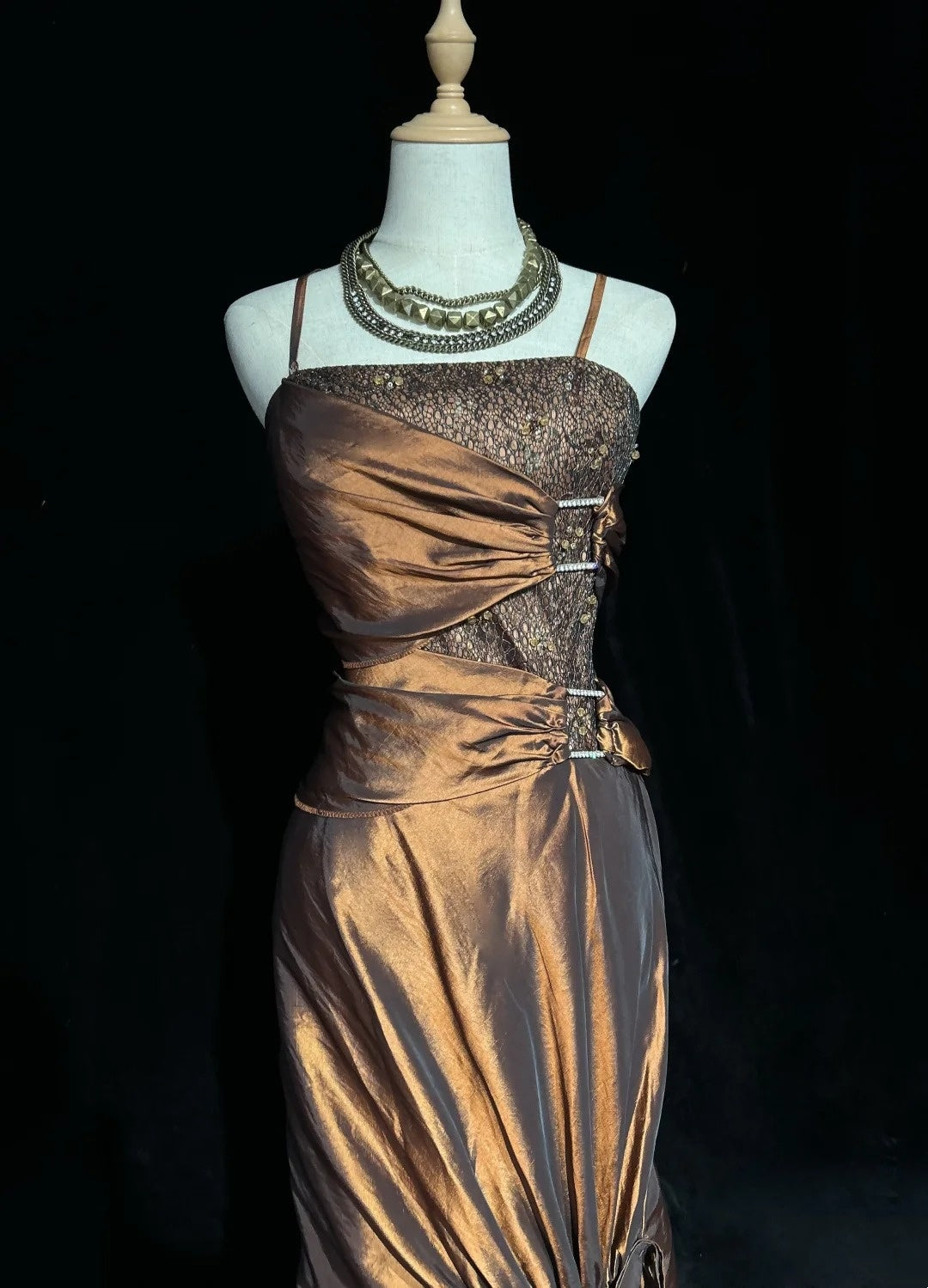 Vintage Prom Dresses Inspo Mermaid Spaghetti Strap Brown With Beads 80s Long Formal Gown N2738