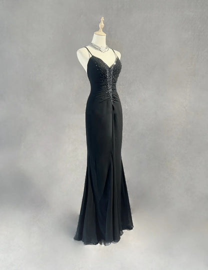 Vintage Prom Dresses Mermaid Spaghetti Strap Black Tie Dress Chiffon 70s With Beading Backless Long Formal Gown N2520