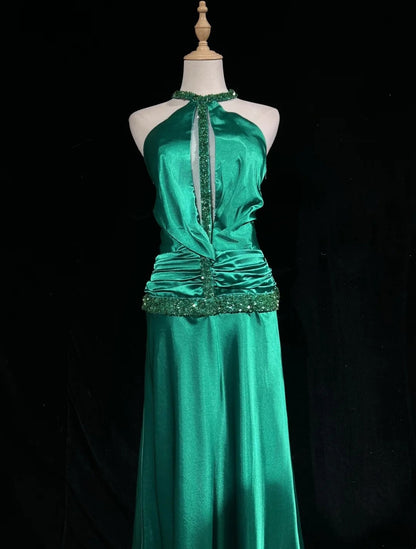 Vintage Prom Dresses A Line Halter Green Satin 80s With Beading Long Formal Evening Outfits N3904