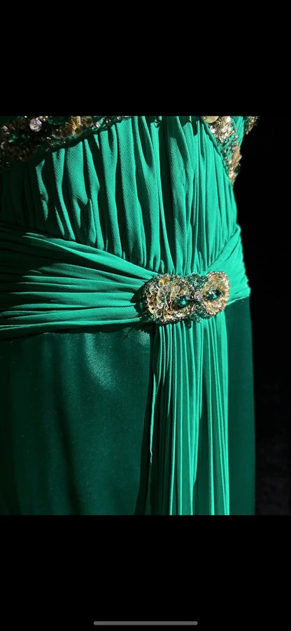 Vintage Prom Dresses Mermaid V Neck Green Chiffon With Ruffles Backless Long Formal Dress N2512