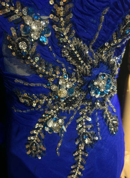 Vintage Prom Dresses Inspo Mermaid One Shoulder Royal Blue With Long Sleeve Beads 80s Long Formal Gown N2740