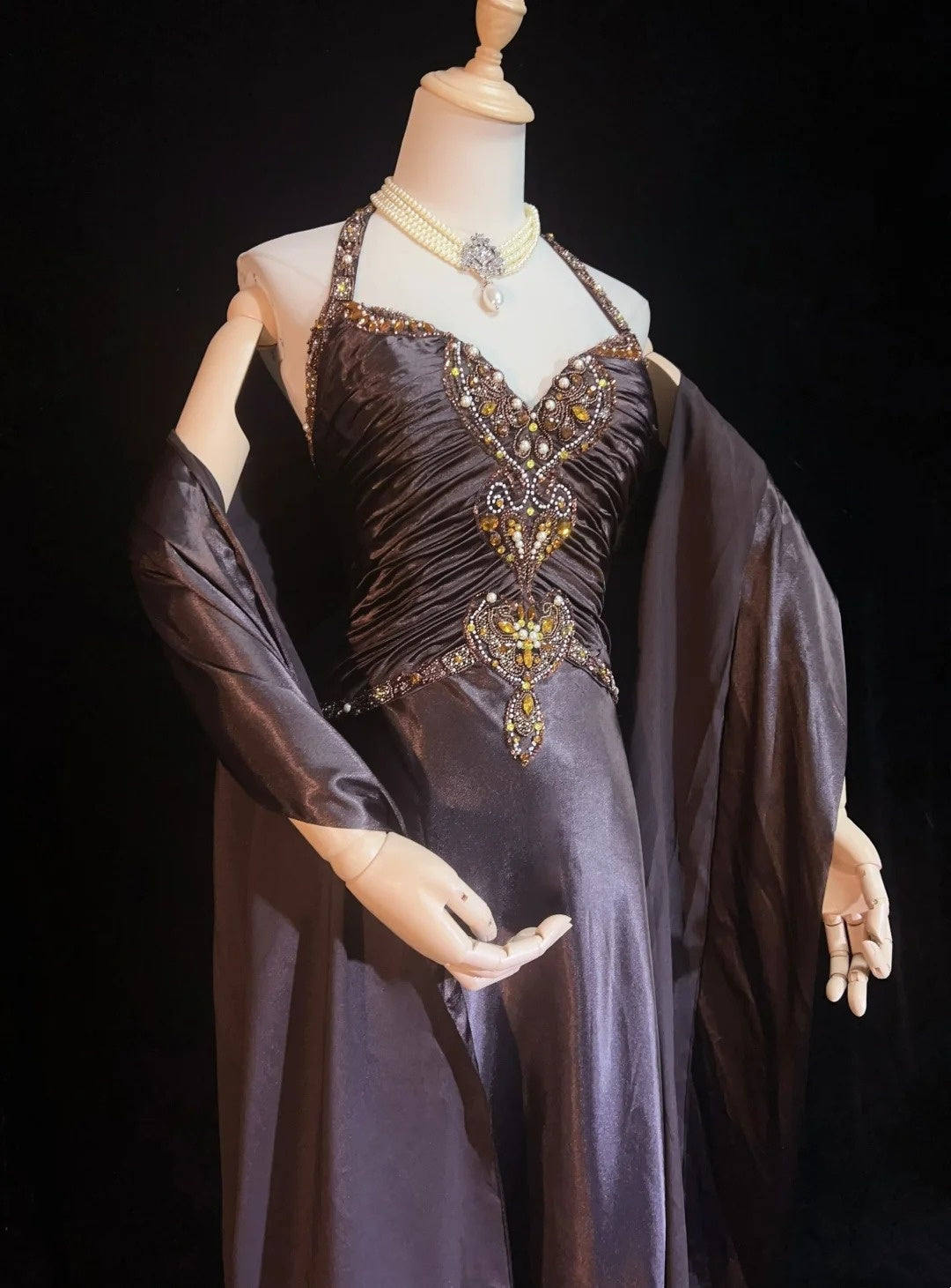 Vintage Prom Dresses A Line Halter Brown Sleeveless Satin With Cape Beading 1980s Long Formal Gown N2864