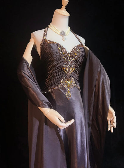 Vintage Prom Dresses A Line Halter Brown Sleeveless Satin With Cape Beading 1980s Long Formal Gown N2864