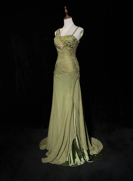 Vintage Prom Dresses Mermaid Olive Green Chiffon With Beading Formal Evening Outfits N3854
