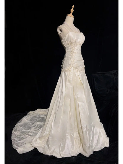 Unique Wedding Dresses Mermaid Spaghetti Strap Ivory With Ruffled Lace Long Bridal Gown N3624