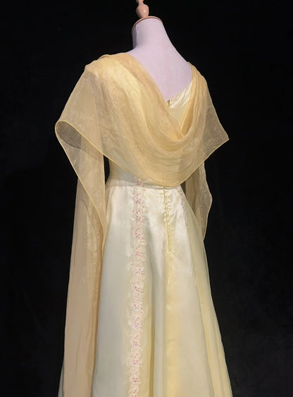 Vintage Prom Dresses 1950s Retro Classy A line Scoop Yellow Satin Evening Outfits With Scarf N3011