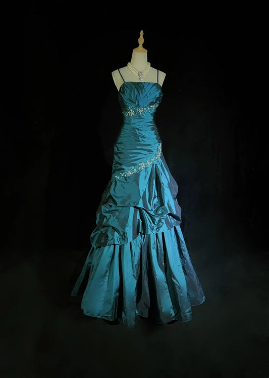 Vintage Prom Dresses Ball Gown Spaghetti Strap Teal Blue Sleeveless Taffeta 90s Long Formal Gown N2893