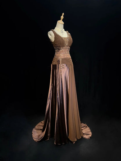 Vintage Prom Dresses Mermaid Chocolate Chiffon V Neck With Beading Long Formal Dress N2453