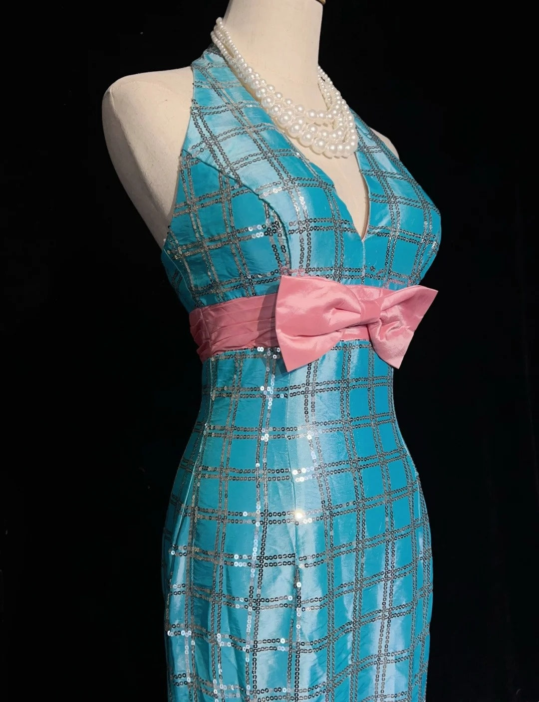 Vintage Prom Dresses Mermaid V Neck Blue Sequin Sleeveless 1980s Long Formal Gown N2866