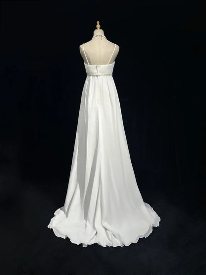 White Prom Dress Inspo A line Spaghetti Straps With Beading Modest Long Formal Party Gown RC0087