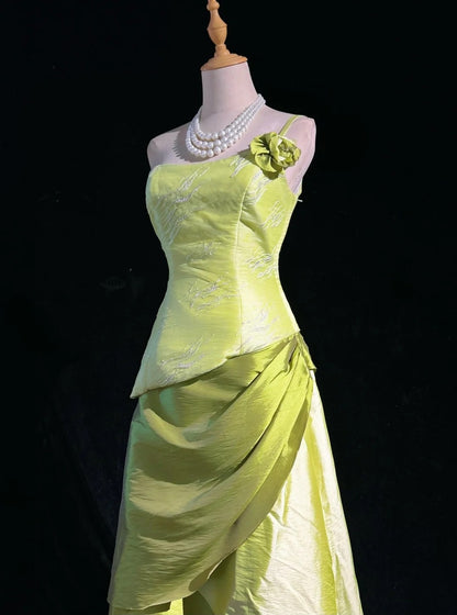 Green Prom Dress Inspo A line One Shoulder Taffeta 18th Birthday Outfits Formal Party Gown RC0113