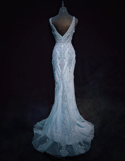 Vintage Prom Dresses Inspo Mermaid V Neck Light Sky Blue Long 1990s With Lace Appliqued Formal Gowns N3359