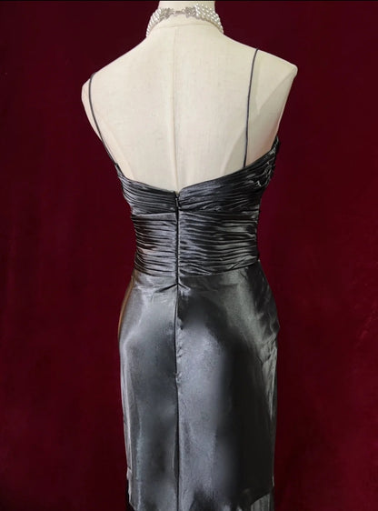 Vintage Prom Dresses Mermaid Spaghetti Strap Satin Black With Ruffles Long Formal Dress N2497