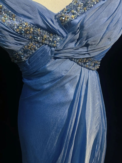 Vintage Prom Dresses A Line Sweethart Blue Chiffon With Beading Long Formal Evening Outfits N3869