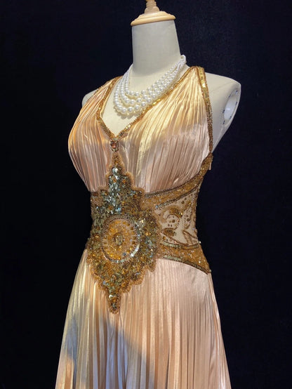 Vintage Prom Dresses 80s A Line Halter Sleeveless Gold With Beading Semi Formal Evening Outfits N3610