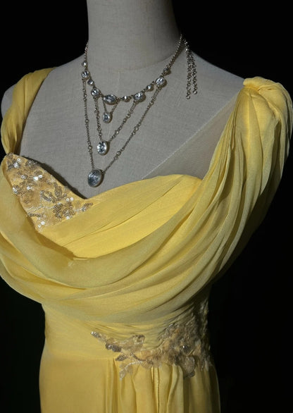 Vintage Prom Dresses Mermaid Yellow Chiffon With Appliqued 80s Long Formal Gown N2733