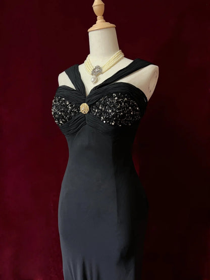 Vintage Prom Dresses Inspo Mermaid 90s Halter Black Tie Dress Chiffon For Women Formal Dress N3302