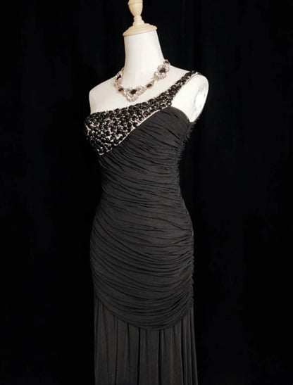 Vintage Prom Dresses Mermaid One Shoulder Black Tie Dress Chiffon 70s With Beading Backless Long Formal Gown N2522