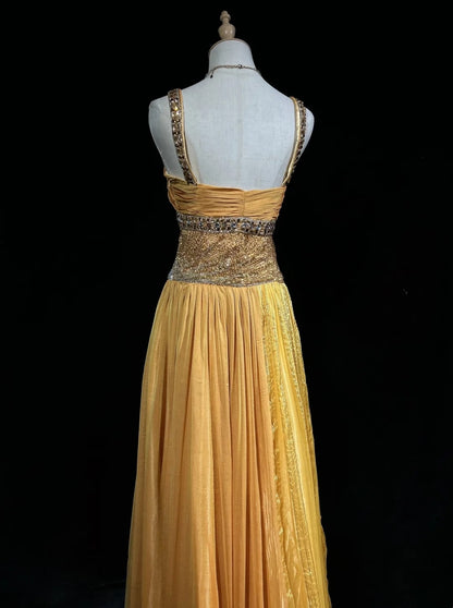 Vintage Prom Dresses A Line Square Neck Yellow Pleated 70s With Beads Formal Gown N2535