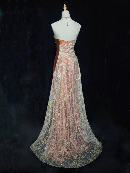 Modest Prom Dresses Mermaid Spaghetti Strap Gold Lace With Beading Long Evening Outfits N3462