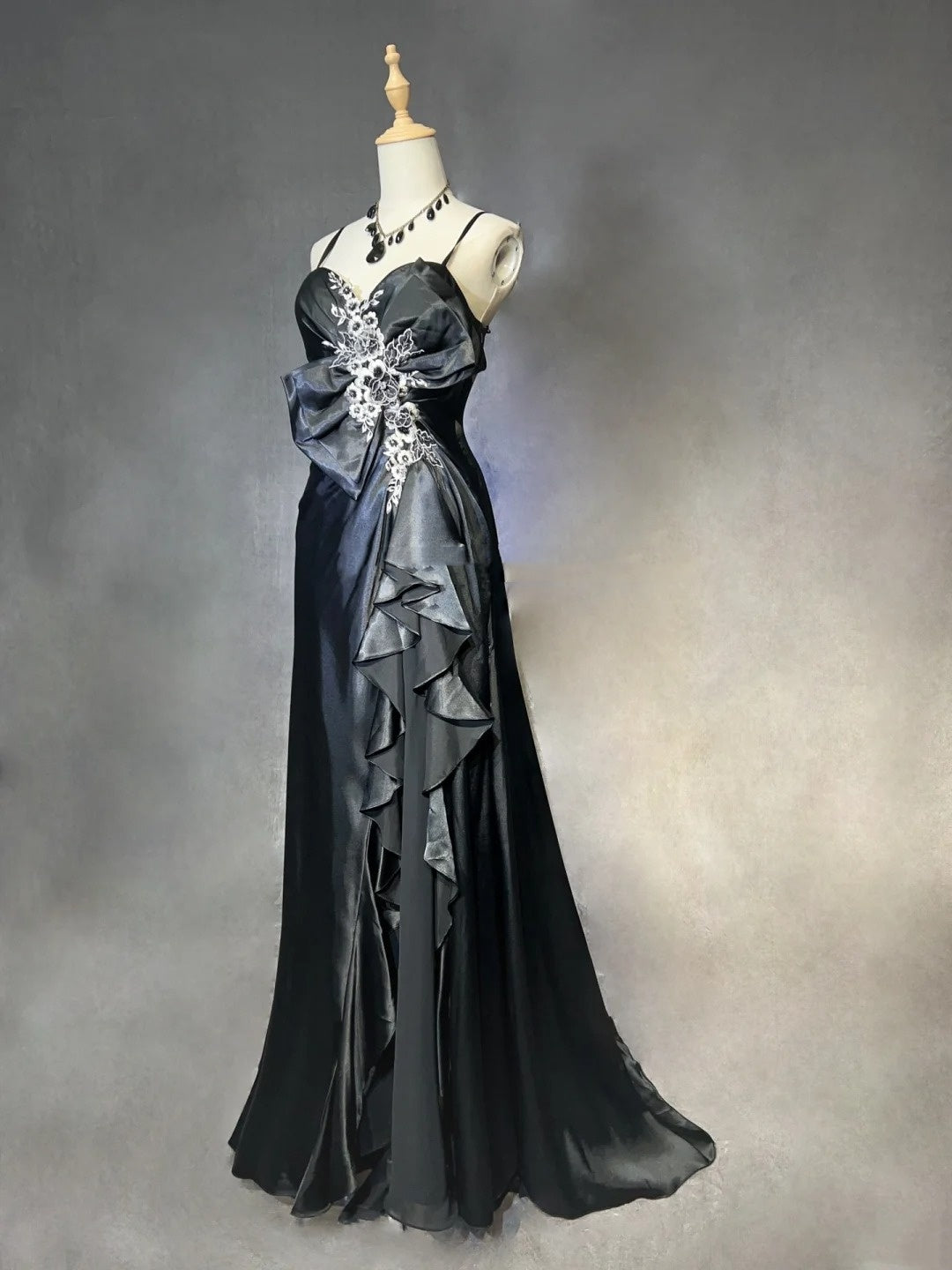 Vintage Prom Dresses Inspo A line Spaghetti Strap 90s Chiffon Black Tie Dress Chiffon With Lace For Women Formal Dress N3304