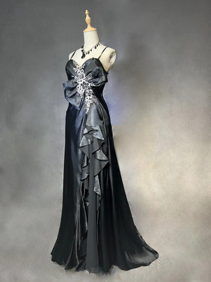 Vintage Prom Dresses Inspo A line Spaghetti Strap 90s Chiffon Black Tie Dress Chiffon With Lace For Women Formal Dress N3304