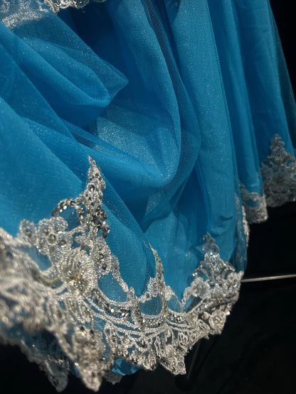 Vintage Prom Dresses A line Spaghetti Strap Blue Tulle Lace 1980s Mid Length Formal Evening Gown N2627