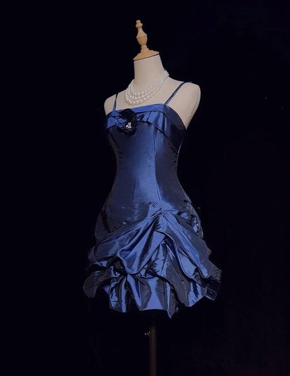 Vintage Sheath Spaghetti Strap Navy Blue Satin Y2K 2000s Short Mini Party Senior Homecoming Dresses N3136