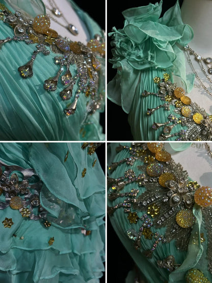 Vintage Prom Dresses A Line One Shoulder Mint Green 70s With Ruffles Chiffon Long Formal Party Dress N2525
