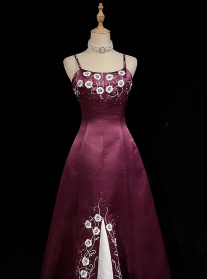 Vintage Prom Dresses Ball Gown Spaghetti Strap Purple Satin With Beading 1950s Long Formal Gown N2593