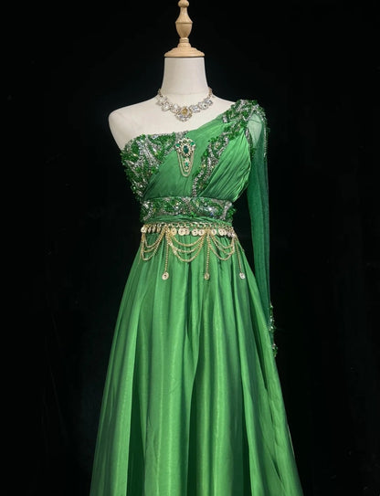 Sexy A Line One Shoulder Green Chiffon With Beads Gem Crystals Formal Dress Long Prom Dresses N2697