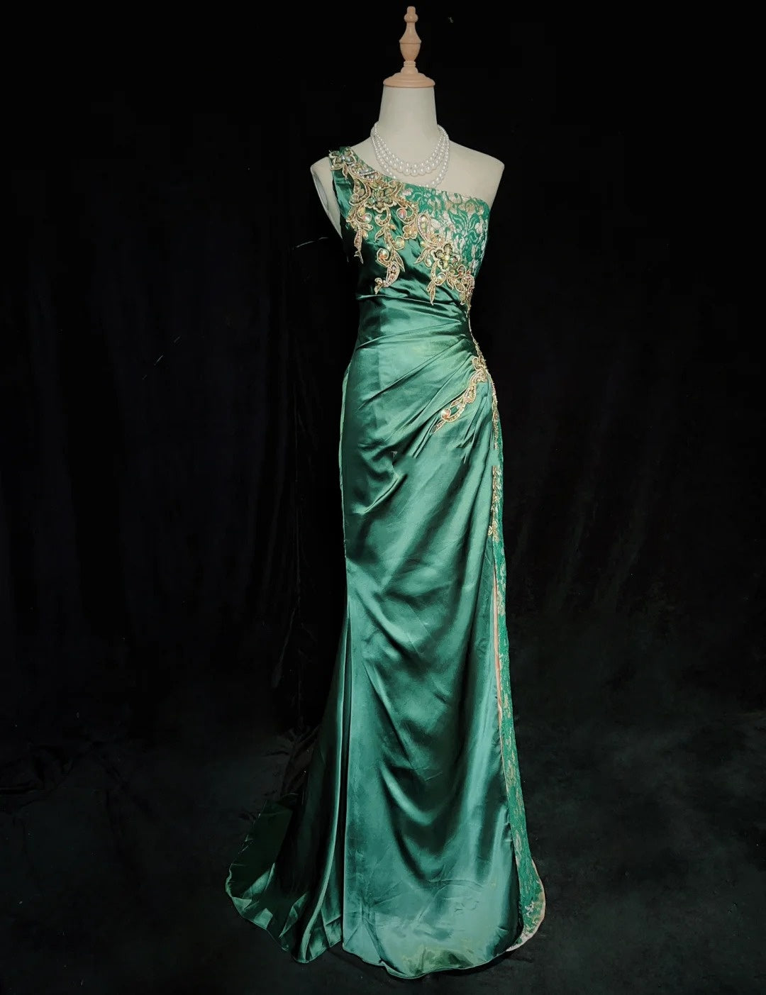 Vintage Prom Dresses Inspo Mermaid One Shoulder Dark Emerald Green 1990s With Gold Lace Formal Gowns N3320