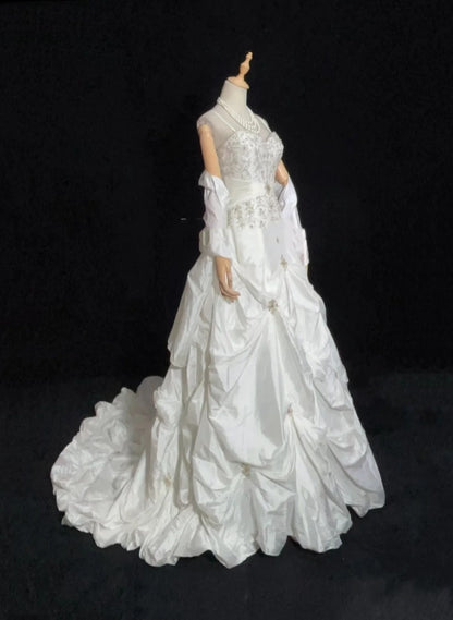 Vintage Ball Gown Spaghetti Straps White Taffeta With Cape Beading Wedding Ruffled Bridal Gown Long Wedding Dresses RB4331