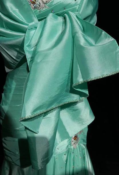 Vintage Prom Dresses Mermaid One Shoulder Mint Green With Lace Beading Cape Long Formal Dress N2463