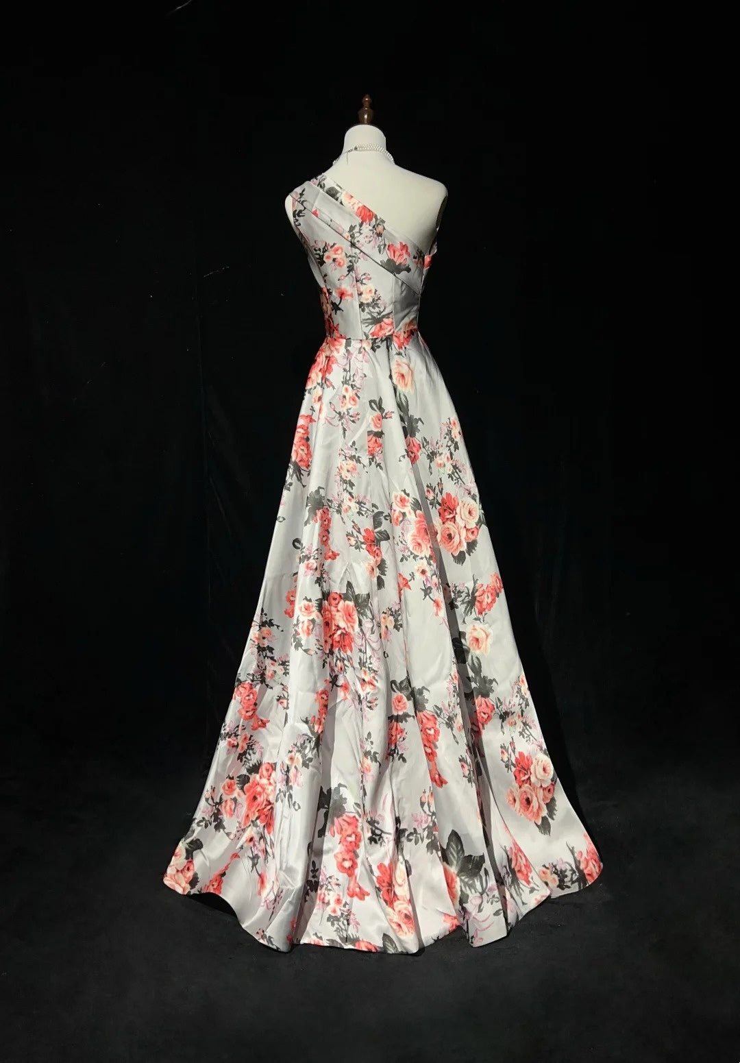 Vintage Prom Dresses A line One Shoulder Satin Floral 1980s Long Formal Evening Gown N2626
