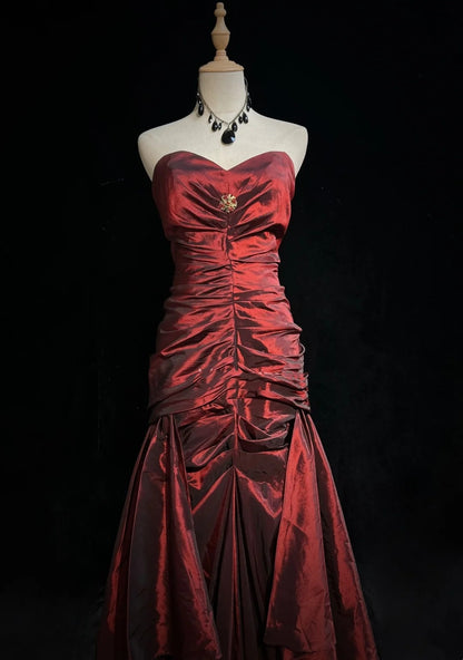 Vintage 90s Prom Dresses Mermaid Sweetheart Burgundy Taffeta With Ruffled Long Prom Gown N3031