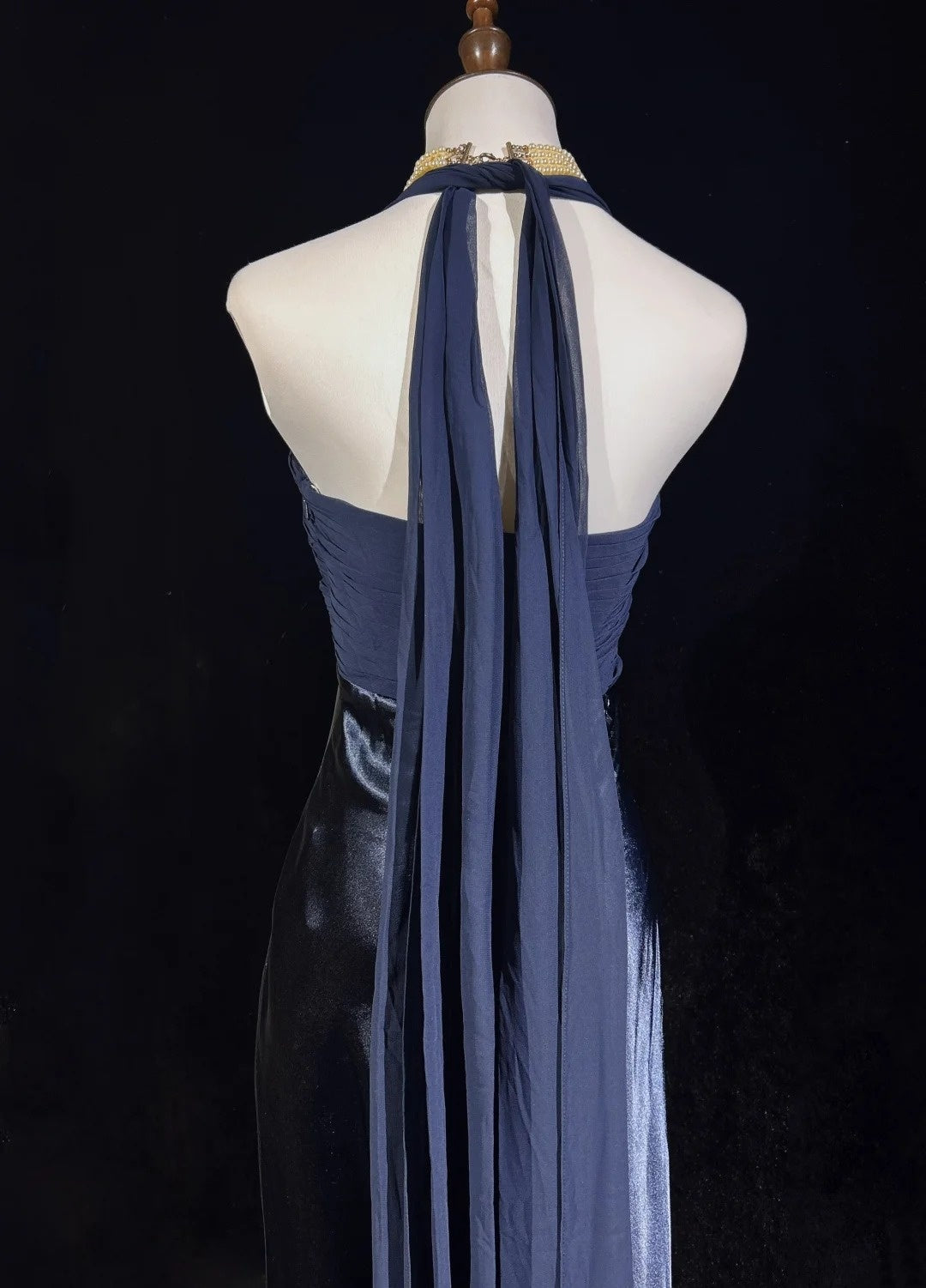 Vintage Prom Dresses Mermaid Halter Navy Blue Chiffon Satin 1990s Formal Evening Gown N2655