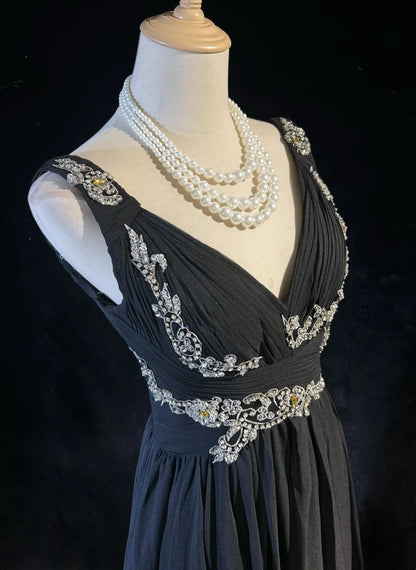 Vintage Prom Dresses A line V Neck Black Tie Chiffon 80s With Beading Long Formal Evening Outfits N4221