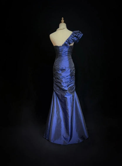 Vintage Prom Dresses 90s Mermaid One Shoulder Navy Blue Satin Long With Folded Evening Outfits N3138